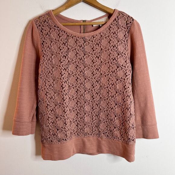 Ann Taylor Loft Women's Crochet Sweatshirt Top XS Pink 3/4 Sleeve Floral Lace - Picture 2 of 9